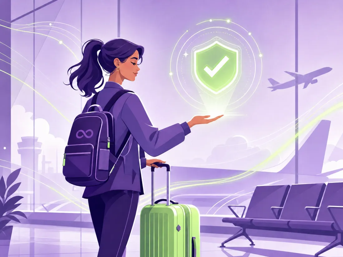 Student traveler at the airport gate with a backpack and suitcase